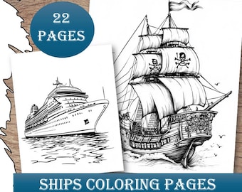Könnte beinhalten: Ein Set mit 22 druckbaren Malvorlagen mit Schiffen. Die Vorlagen beinhalten ein Piratenschiff mit Totenkopf und Knochen sowie ein Kreuzfahrtschiff.