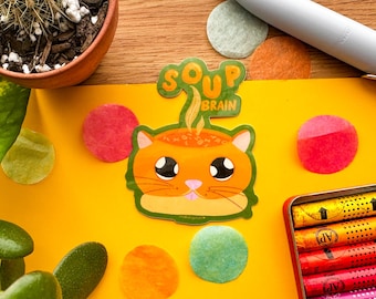 Cute Orange Cat “Soup Brain” Sticker – Funny Cat Lover Vinyl Decal