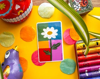 Retro prästkrageblomklistermärke – Ljus regnbågsblommig vinyldekal