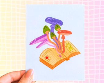 Mushroom Book Postcard – Whimsical Fungi Illustration Mini Print for Cottagecore Decor