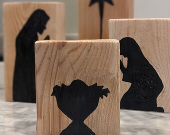 Wood Block Nativity Set for Christmas and Holidays, 4 piece, Custom and Handmade