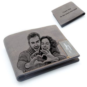Cartera de hombre personalizada, cartera de cuero con foto grabada personalizada, regalo de recuerdo para papá, regalo de aniversario para novio, regalos de Navidad