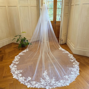 Embroidered Lace Bridal Veil Ivory Lace Veil Flower Lace Wedding Veil Cathedral Length Veil Floral Long Veil Available in Many Colors 666-30