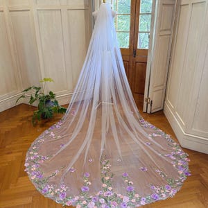 Purple Flower Lace Bridal Veil Green Leaf Lace Veil Multicolored Lace Wedding Veil Cathedral Long Veil Spring Flower Veil Custom Veil 666-49
