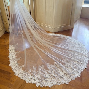 Floral Lace Wedding Veil with Clear Sequins Flower Lace Veil Cathedral Length Veil Ivory Lace Veil Chapel Bridal Veil Custom Lace Veil