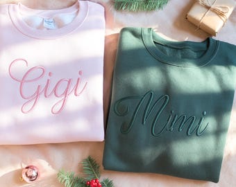 Embroidered Gigi Sweatshirt: Grandma Gift, Mother's Day, Christmas Gift, Custom name On Sleeve