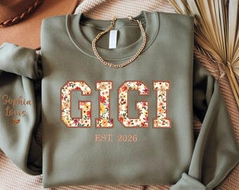 Custom Embroidered Gigi Sweatshirt: Gigi Floral Applique Sweater, Shirt with Kids Name on Sleeve