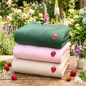 May include: A stack of three crewneck sweatshirts in dark green, light pink, and beige. Each sweatshirt features a small, embroidered red strawberry with green leaves on the upper right chest area, made of a soft, solid-colored fabric material.