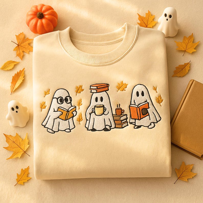 Puede incluir: Sudadera color crema con un dise&ntilde;o bordado de tres fantasmas de dibujos animados leyendo libros, con hojas de oto&ntilde;o y una calabaza. Los fantasmas llevan gafas y sostienen tazas de caf&eacute;. Un dise&ntilde;o con tem&aacute;tica oto&ntilde;al.