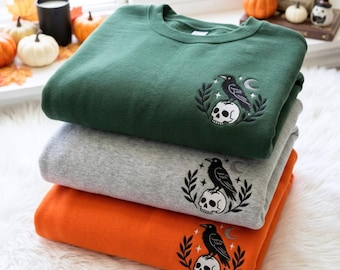 Embroidered Witchy Crow Skull Shirt, Embroidered Moon and Stars Tee, Gothic Raven, Spooky Witch Bird Shirt, Occult Crow Gift