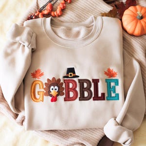 Embroidered Gobble Turkey Sweatshirt, Thanksgiving Trendy Shirt