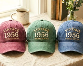 Embroidered 70th Birthday Embroidered Hat: Born in 1956 Headwear Gift, Cotton Twill Cap