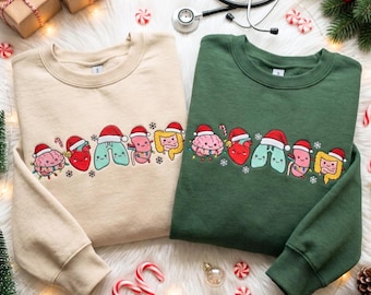 Besticktes Weihnachts-Sweatshirt mit Organmotiven, Rundhalsausschnitt mit medizinischem Anatomiemotiv (65 % Baumwolle)