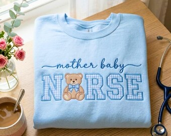 Sudadera bordada para madre y bebé enfermera, suéter de cuello redondo con osito de peluche a cuadros
