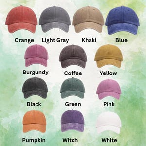 May include: A collection of baseball caps in various colors, including orange, light gray, khaki, and blue. Other colors include burgundy, coffee, yellow, black, green, pink, pumpkin, witch, and white. Each cap has a curved brim.
