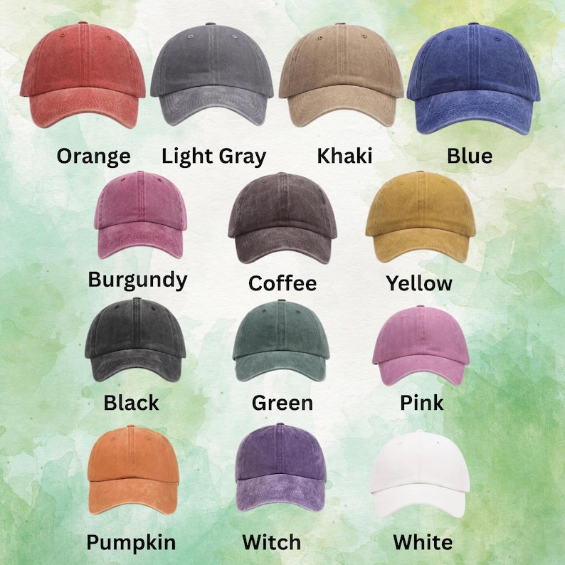 May include: A collection of baseball caps in various colors, including orange, light gray, khaki, and blue. Other colors include burgundy, coffee, yellow, black, green, pink, pumpkin, witch, and white. Each cap has a curved brim.