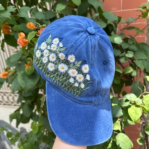 Hand Embroidery White Daisy Washed Hat, Wildflowers Embroidered Hat, Personalized Baseball Cap, Vintage Embroidered Floral, Hat For Woman