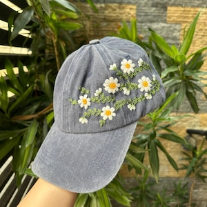 Hand Embroidery White Daisy Washed Hat, Wildflowers Embroidered Hat, Personalized Baseball Cap, Vintage Embroidered Floral, Hat For Woman