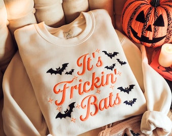 Embroidered Halloween Sweatshirt, Funny Bat & Pumpkin Crewneck