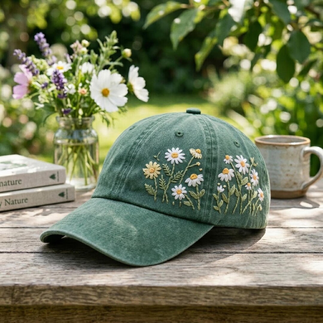 Hand Embroidered Daisy Baseball Cap, Vintage Boho Cotton Hat, Floral ...