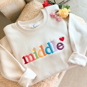 Embroidered Middle Child Sweatshirt, Rainbow Siblings Matching Sweater Kid