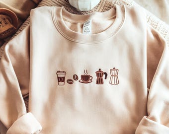 Coffee Icons Embroidered Crewneck Sweatshirt | Barista Top