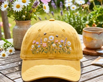 Floral Hand-Embroidered Baseball Cap, Daisy Bee Cotton Hat