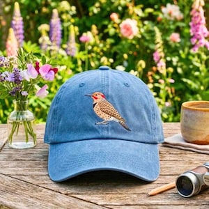 Embroidered Northern Flicker Washed Cotton Cap, Bird Lover Cottagecore Hat