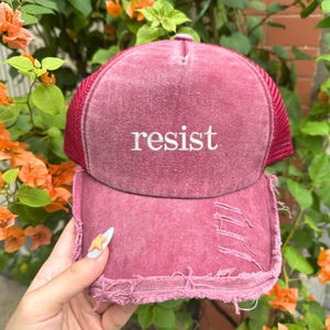 Resist Embroidered Distressed Trucker Cap, Liberal Protest Embroidery Washed Hat, Political, Democracy Gift Feminist Hat, Social Justice Cap