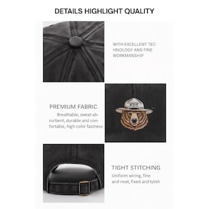 May include: Black baseball cap with a bear wearing a hat embroidered on the front. The cap has a curved brim and an adjustable strap. The text "FDT" is on the hat. The cap is made of a breathable, durable fabric.