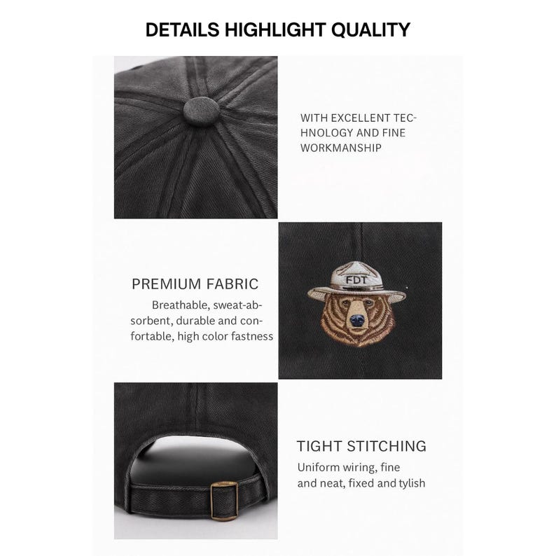 May include: Black baseball cap with a bear wearing a hat embroidered on the front. The cap has a curved brim and an adjustable strap. The text "FDT" is on the hat. The cap is made of a breathable, durable fabric.