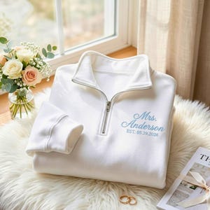 Embroidered Personalized Mrs. Quarter Zip Sweatshirt, Embroidered Bride Crewneck Sweater