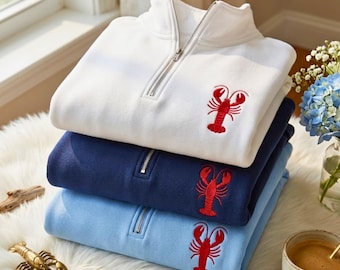 Embroidered Lobster Quarter Zip Sweatshirt, Nautical Crewneck Pullover, Ocean Apparel