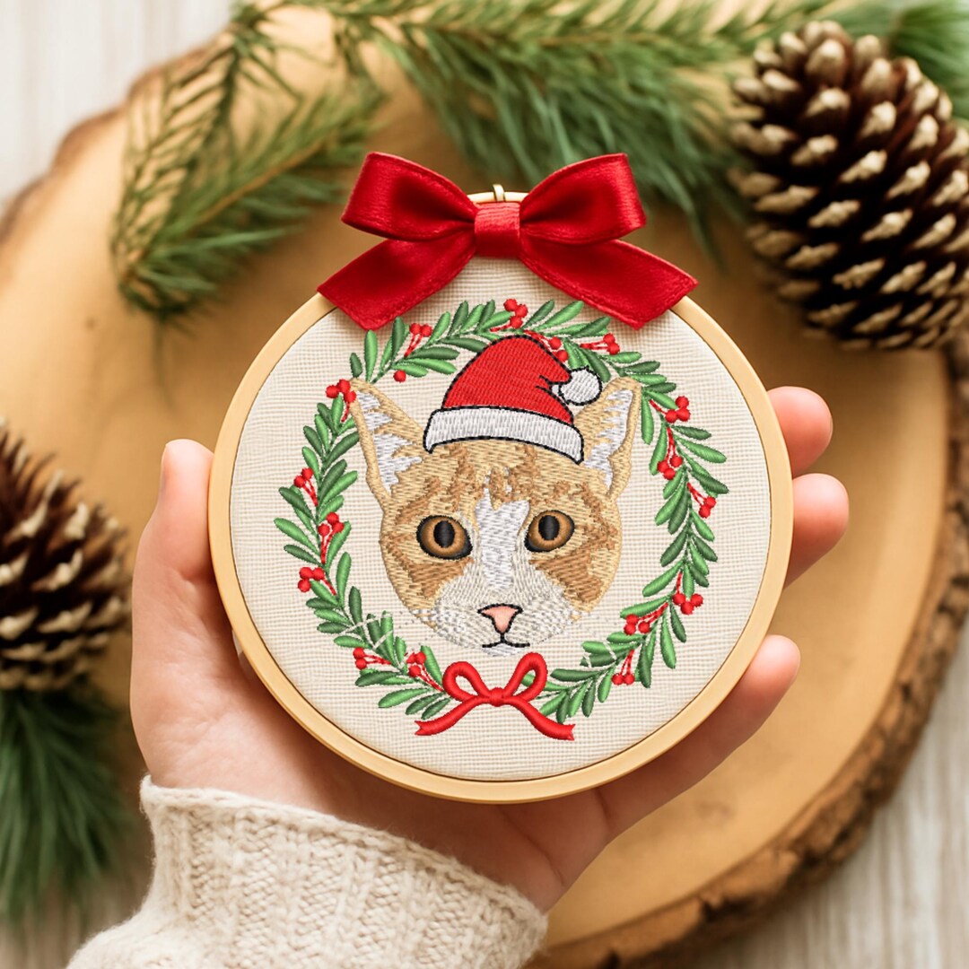 Custom Cat Portrait Embroidered Christmas Ornament - Personalized Pet ...
