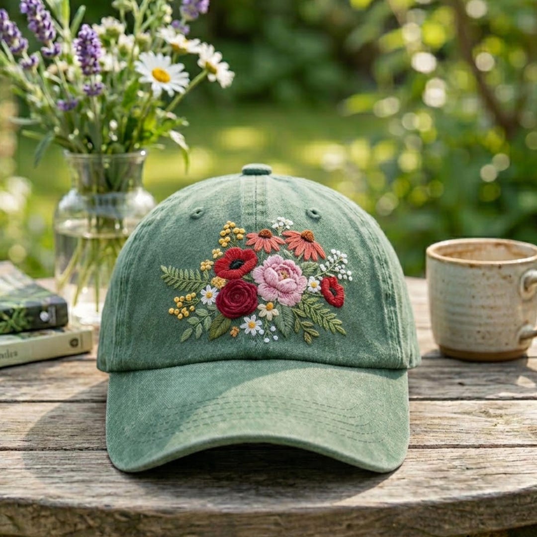 Floral Hand Embroidered Baseball Cap: Hand Embroidery Cotton Hat for ...