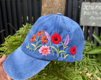 Hand Embroidered Floral Baseball Cap, Washed Cotton Hat