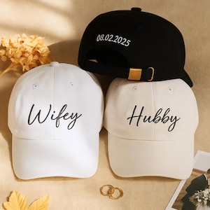 Hubby Wifey Embroidered Hats, Custom Date on the Back, Vintage Baseball Cap, Mr and Mrs Hat, Gift For Bride and Groom, Wedding Gift