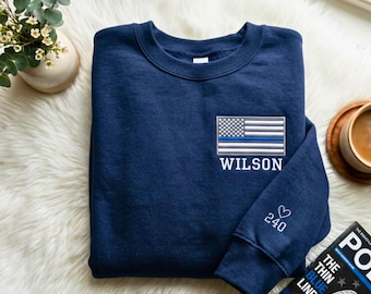 Sudadera policial personalizada bordada – Número de placa personalizado, bandera de la Línea Azul Delgada