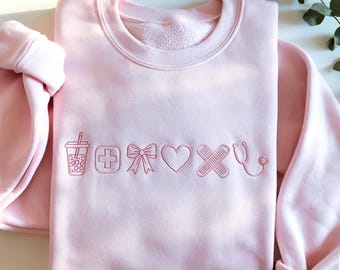 Embroidered Nurse Sweatshirt - Coquette Bow, Personalized CNA Crewneck - Nursing Student Sweatshirt For Her