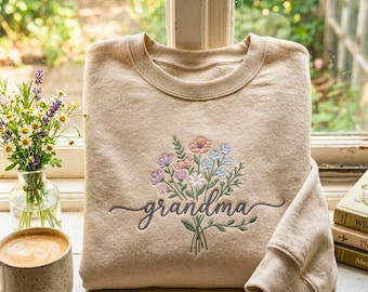 Embroidered Grandma Sweatshirt: Wildflower Floral Design, Gift for Her