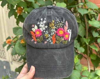Wash Cotton Baseball Cap, Hand Embroidered Flower Hat, Mix  display picture 3