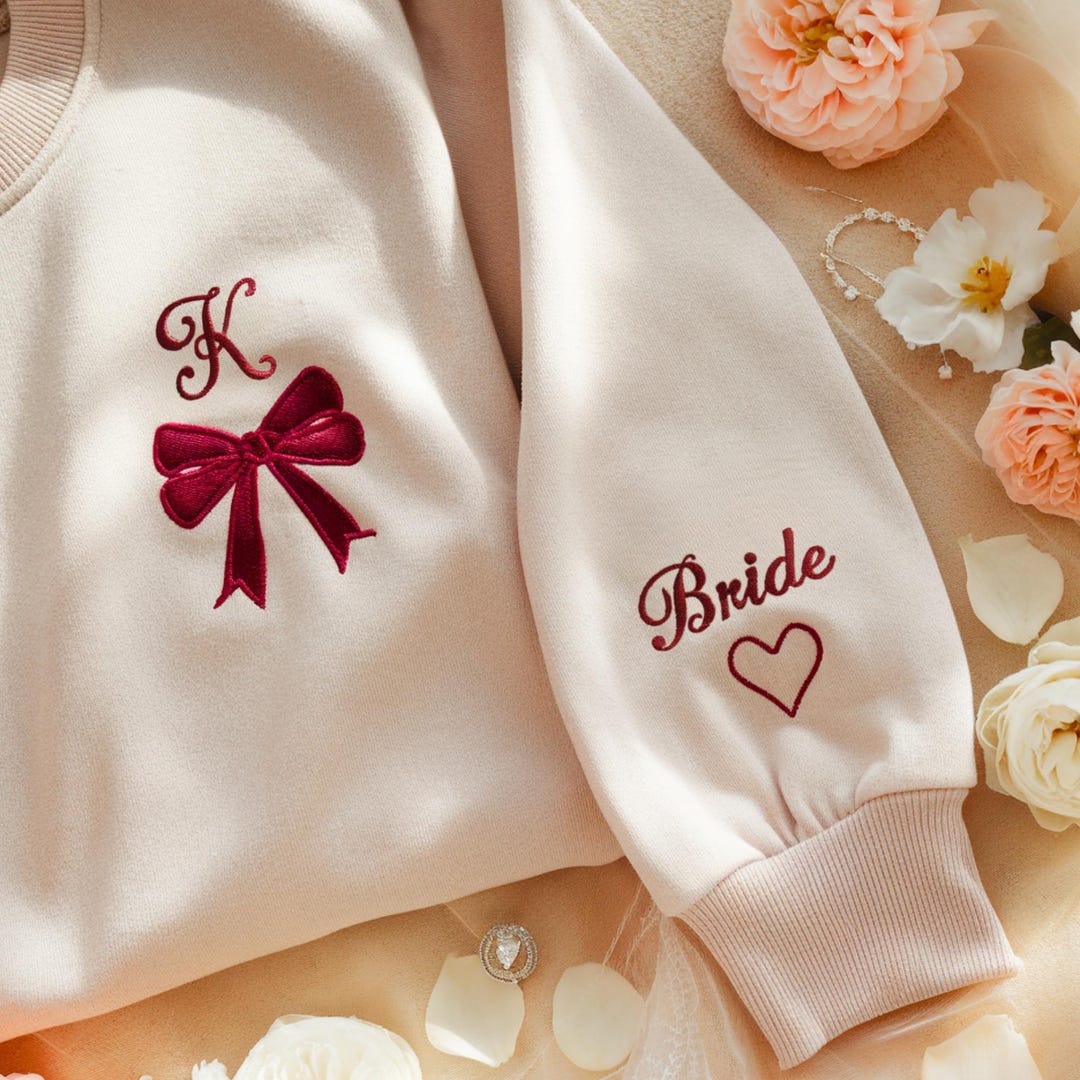 Embroidered Bow & Initials Bachelorette Sweatshirt: Custom Bridal Party ...