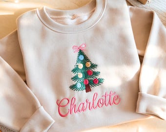 Coquette Christmas Tree Embroidered Youth SweatShirt: Girls Holiday Shirt with Custom Name