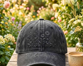 Embroidered Vintage Flowers Washed Cotton Cap: Botanical Wildflowers Boho Style