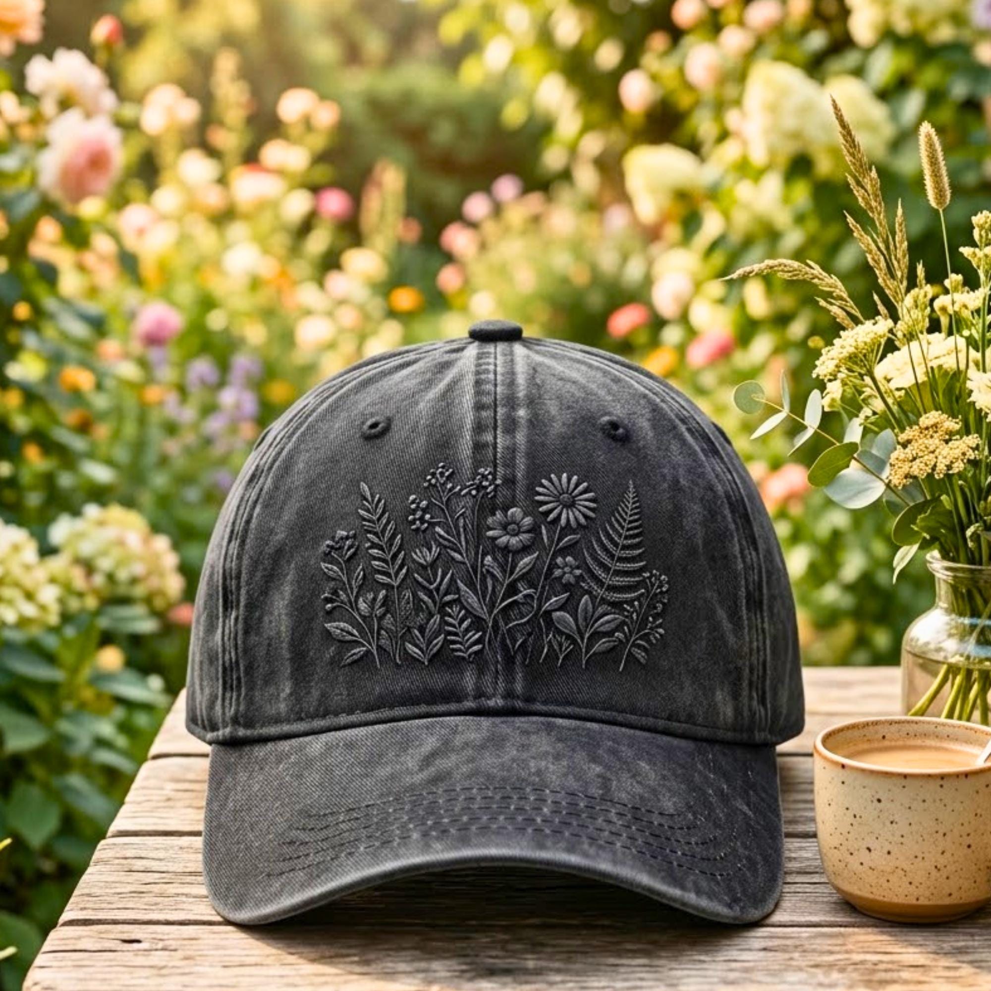 Embroidered Vintage Flowers Washed Cotton Cap: Botanical