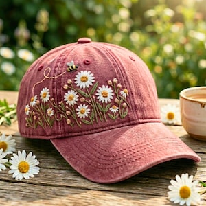 Hand-Embroidered Daisy Baseball Cap, Washed Cotton Summer Hat