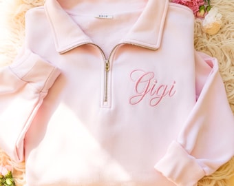 Embroidered Gigi Quarter Zip Sweatshirt: Grandma Gift, Mother's Day, Christmas Gift