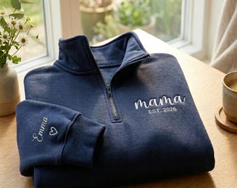 Custom Embroidered Mama Quarter Zip Sweatshirt, Personalized Sleeve Name Detail