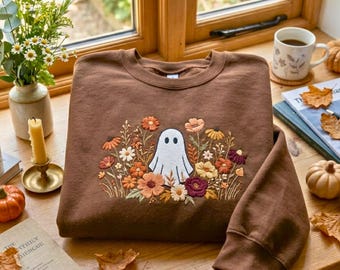 Embroidered Ghost Sweatshirt, Floral Ghosts Shirt, Fall Halloween Shirt, Daisy Flower Crewneck Sweater