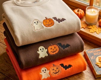 Embroidered Halloween Icons Sweatshirt: Spooky Season Fall Top Crewneck